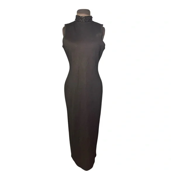Vtg Beaded Mock Neck Bodycon Wool Blend Knit Maxi Dress Size M Minimal Elegant - Picture 1 of 5